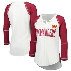 Washington Commanders Touch Women's Rebel Raglan Tri-Blend 3/4-Sleeve Lace-Up V-Neck T-Shirt - White/Burgundy T-shirts