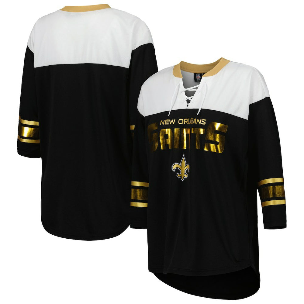 New Orleans Saints G-III 4Her by Carl Banks Women's Double Team 3/4-Sleeve Lace-Up T-Shirt - Black/White T-shirts