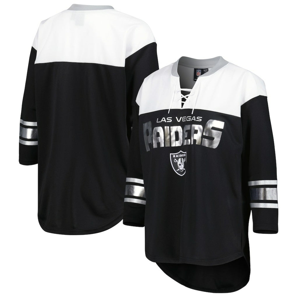 Las Vegas Raiders G-III 4Her by Carl Banks Women's Double Team 3/4-Sleeve Lace-Up T-Shirt - Black/White T-shirts