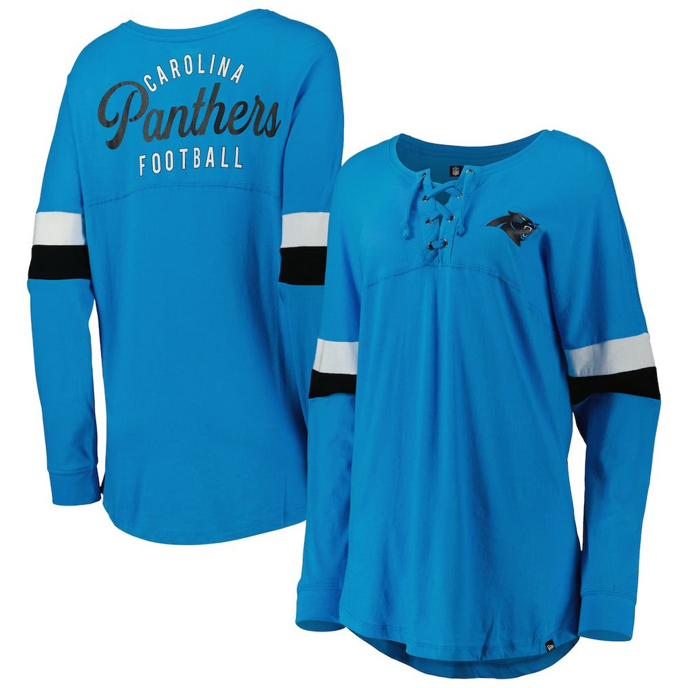 Carolina Panthers New Era Women's Athletic Varsity Lace-Up Lightweight Long Sleeve T-Shirt - Blue T-shirts