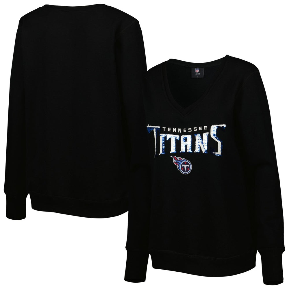 Tennessee Titans Cuce Women's Sequin Logo V-Neck Pullover Sweatshirt - Black Pullover