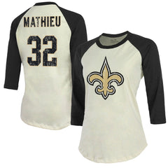 Tyrann Mathieu New Orleans Saints Majestic Threads Women's Player Name & Number Tri-Blend Three-Quarter Sleeve T-Shirt - Cream T-shirts
