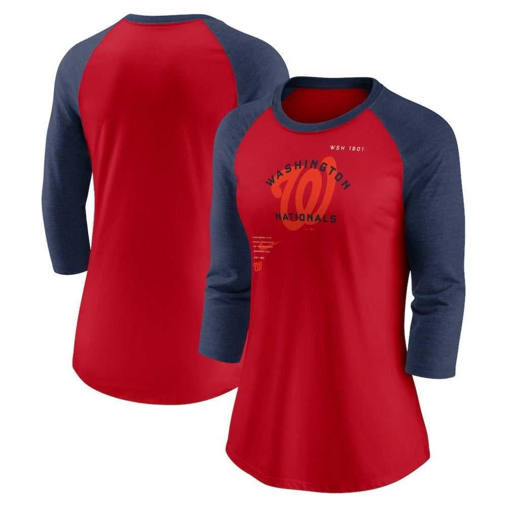 Washington Nationals Nike Women's Next Up Tri-Blend Raglan 3/4-Sleeve T-Shirt - Red/Navy T-shirts