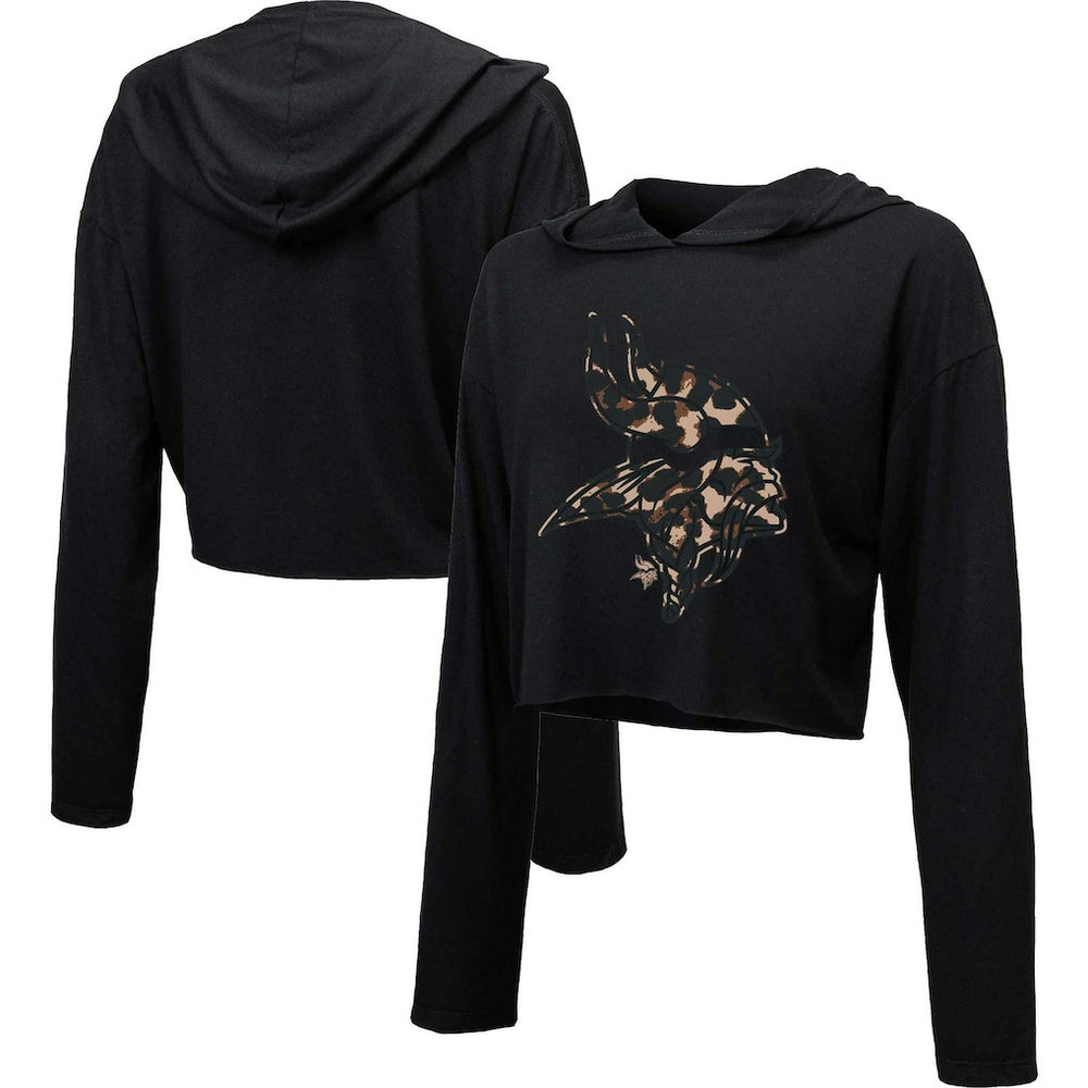 Minnesota Vikings Majestic Threads Women's Leopard Cropped Pullover Hoodie - Black Hoodies