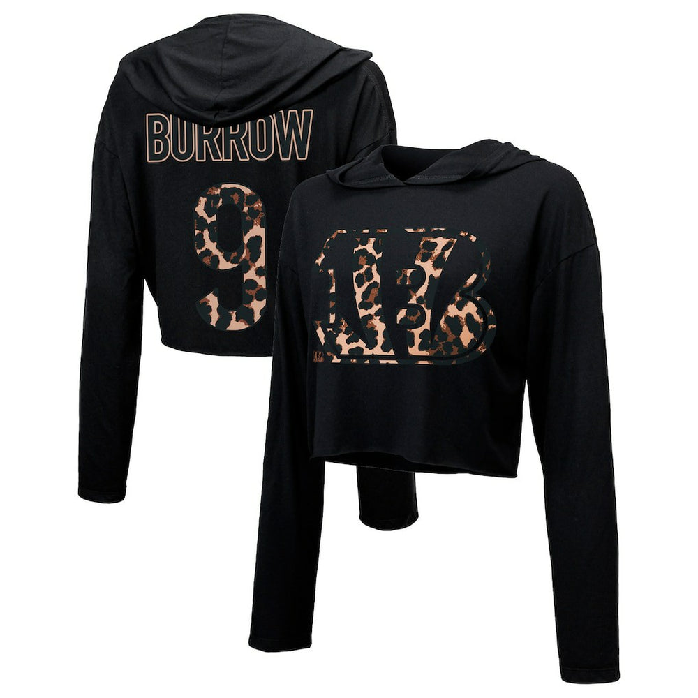 Joe Burrow Cincinnati Bengals Majestic Threads Women's Leopard Player Name & Number Long Sleeve Cropped Hoodie - Black Hoodies