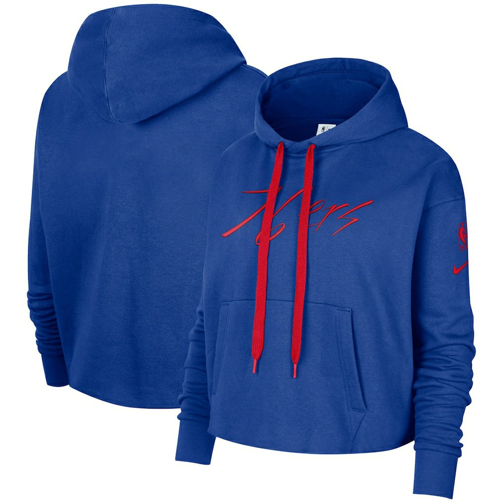 Philadelphia 76ers Women's Split Flip Courtside Cropped Pullover Hoodie Royal - Nike