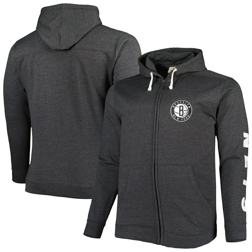 Brooklyn Nets Big & Tall Down and Distance Full-Zip Hoodie Heathered Black - Fanatics
