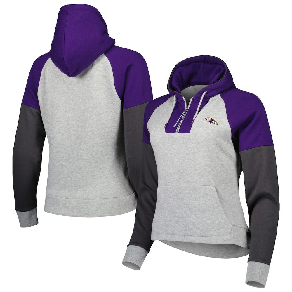 Baltimore Ravens Antigua Women's Lightweight Jackpot Raglan Half-Zip Pullover Hoodie - Heather Gray Hoodies