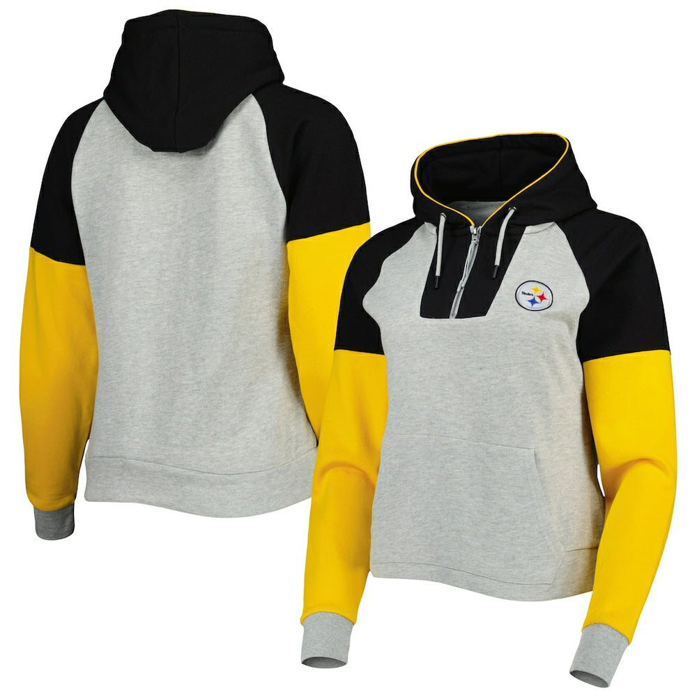 Pittsburgh Steelers Antigua Women's Lightweight Jackpot Raglan Half-Zip Pullover Hoodie - Heather Gray Hoodies