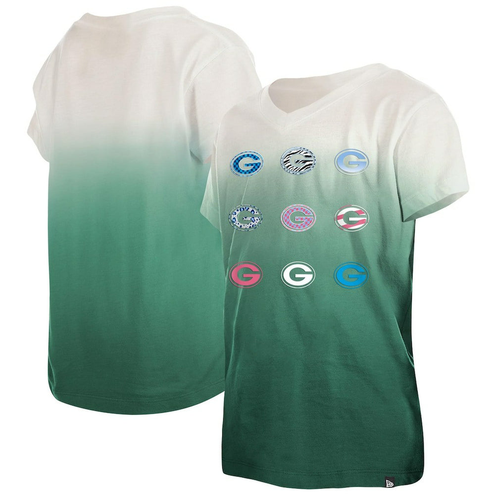 Green Bay Packers New Era Youth Multi Logo Ombre V-Neck T-Shirt - Green T-shirts
