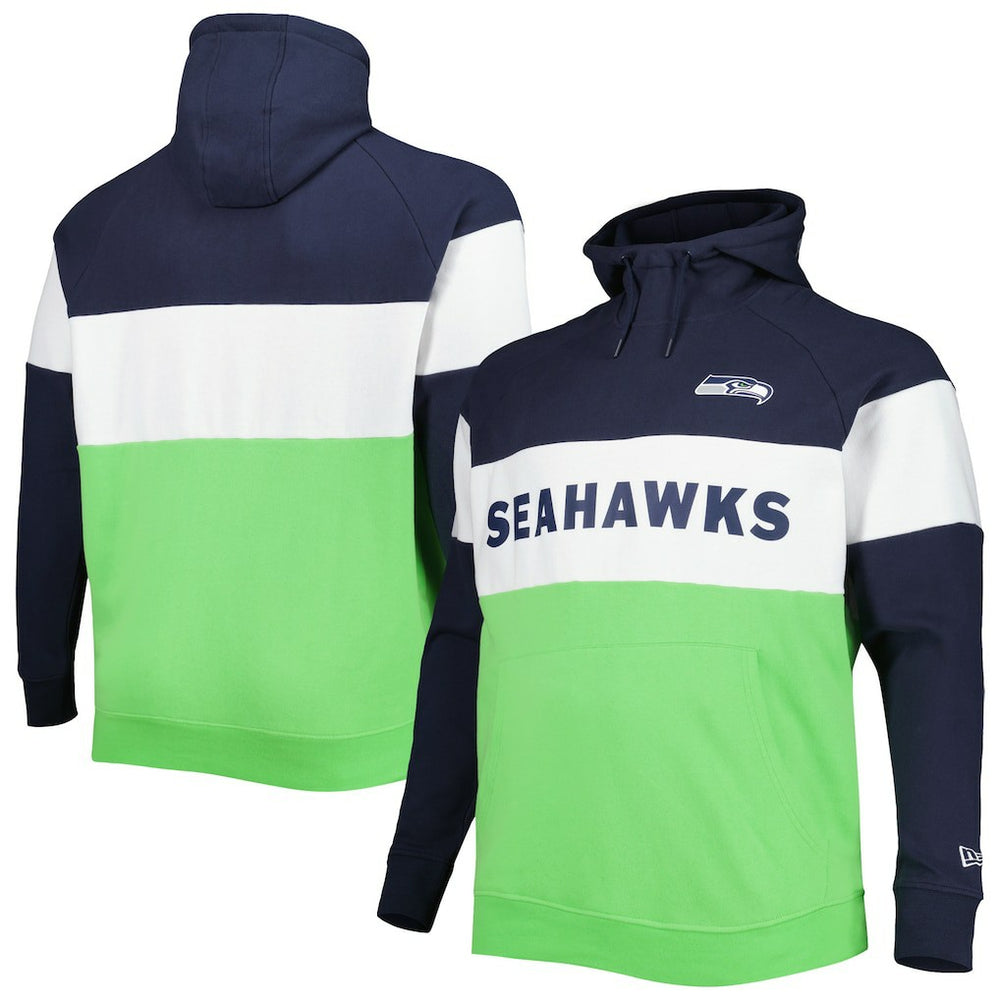 Seattle Seahawks New Era Big & Tall Current Team Colorblock Fleece Raglan Pullover Hoodie - College Navy/Neon Green Hoodies