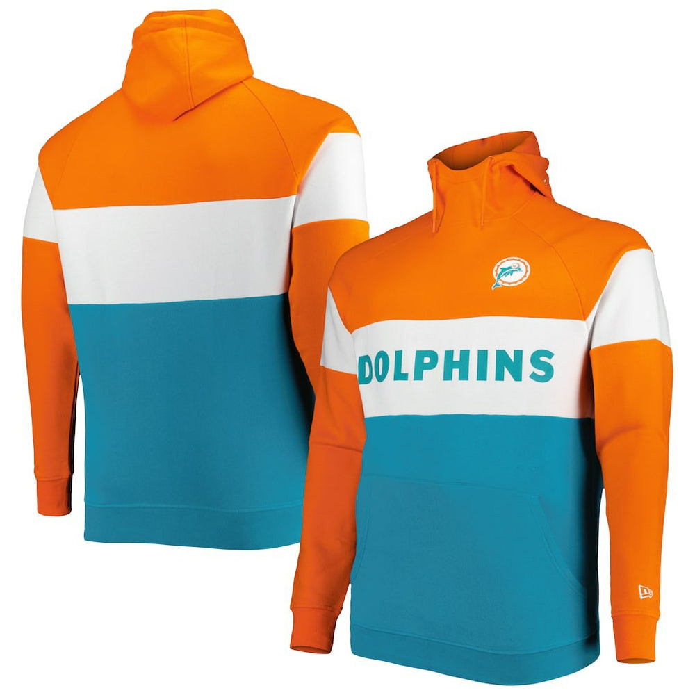 Miami Dolphins New Era Big & Tall Throwback Colorblock Raglan Pullover Hoodie - Aqua Hoodies