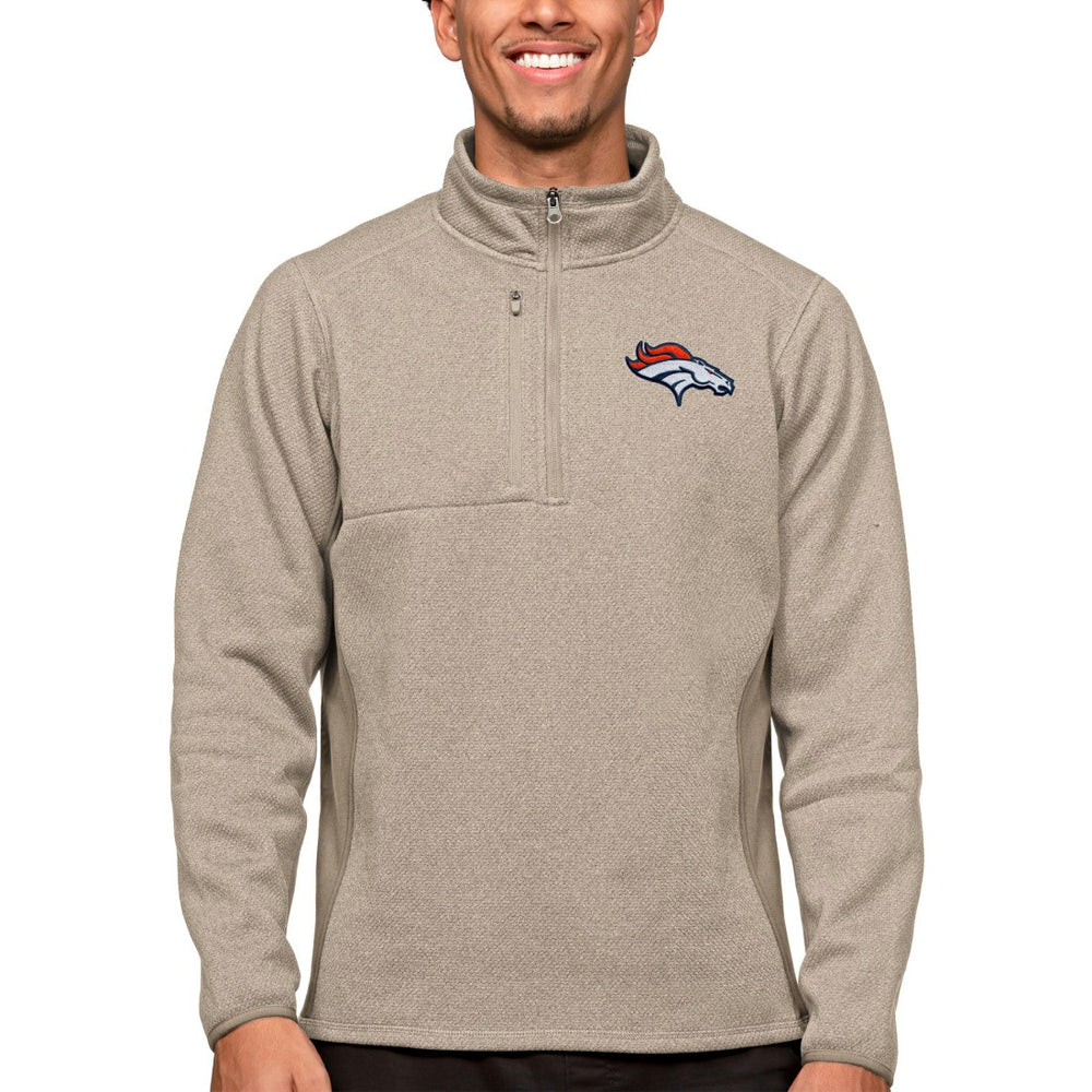 Denver Broncos Antigua Course Quarter-Zip Pullover Top - Oatmeal Pullover
