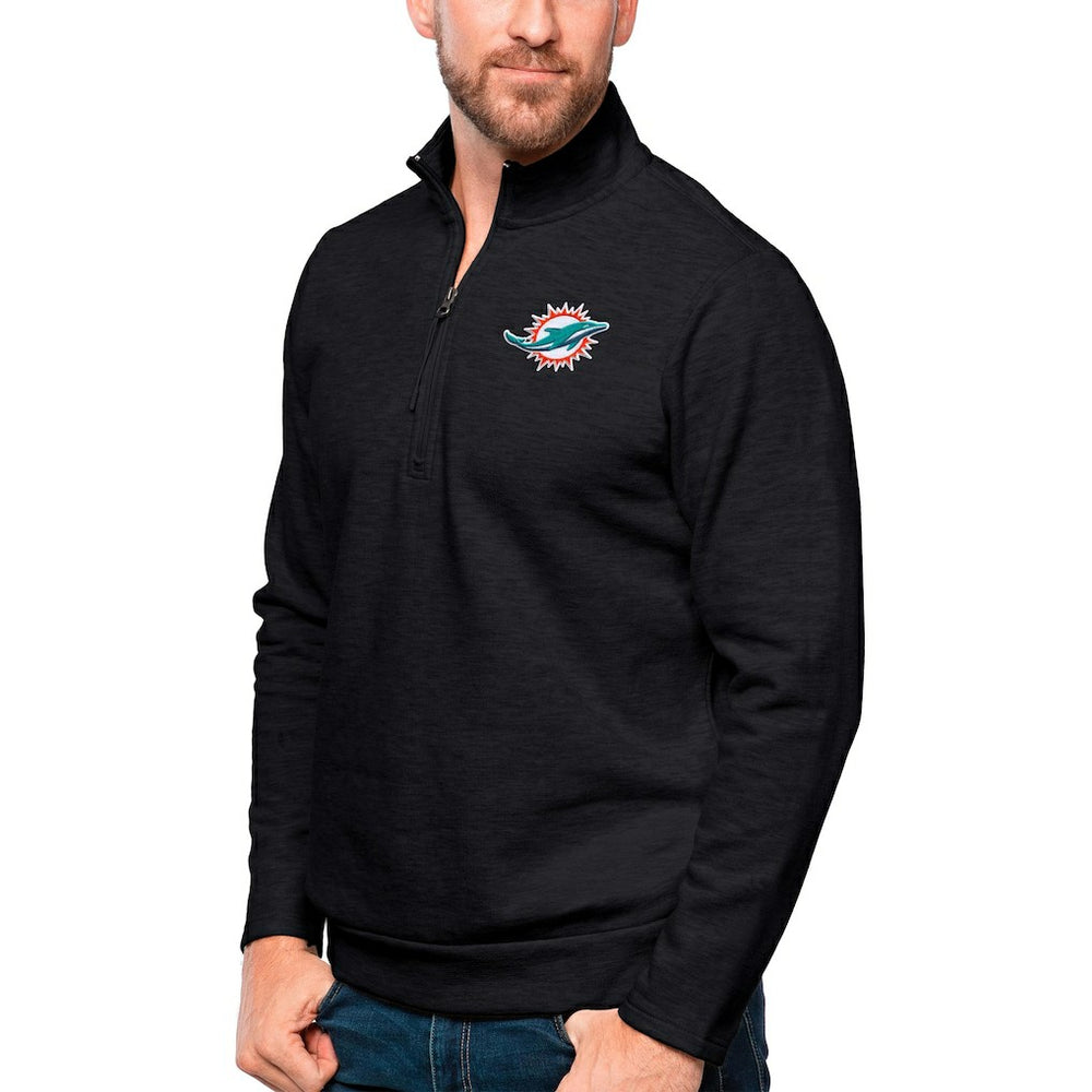 Miami Dolphins Antigua Gambit Quarter-Zip Pullover Top - Heathered Black Pullover