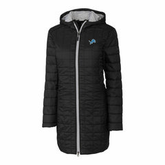 Detroit Lions Cutter & Buck Women's Rainier Primaloft Eco Hooded Long Lightweight Coat - Black