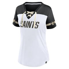 New Orleans Saints Women's Dueling Slant V-Neck Lace-Up T-Shirt - White T-shirts