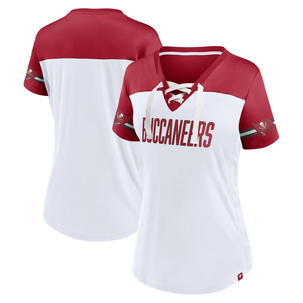 Tampa Bay Buccaneers Women's Dueling Slant V-Neck Lace-Up T-Shirt - White T-shirts