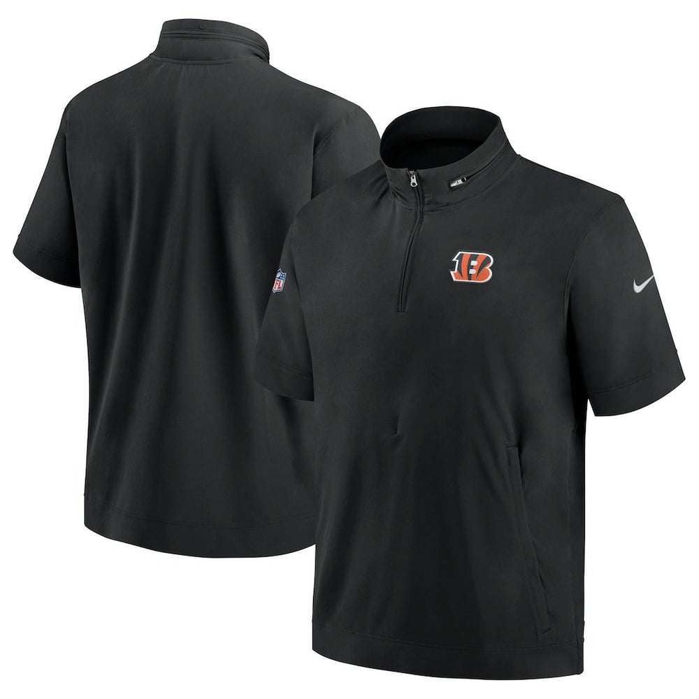 Cincinnati Bengals Sideline Coach Short Sleeve Hoodie Quarter-Zip Jacket - Black - Black Hoodies