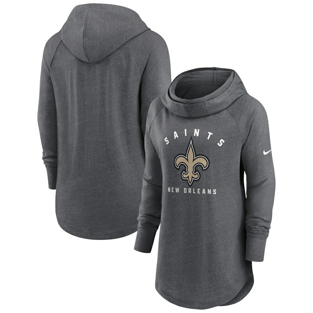 New Orleans Saints Women's Raglan Funnel Neck Pullover Hoodie - Heather Charcoal Hoodies