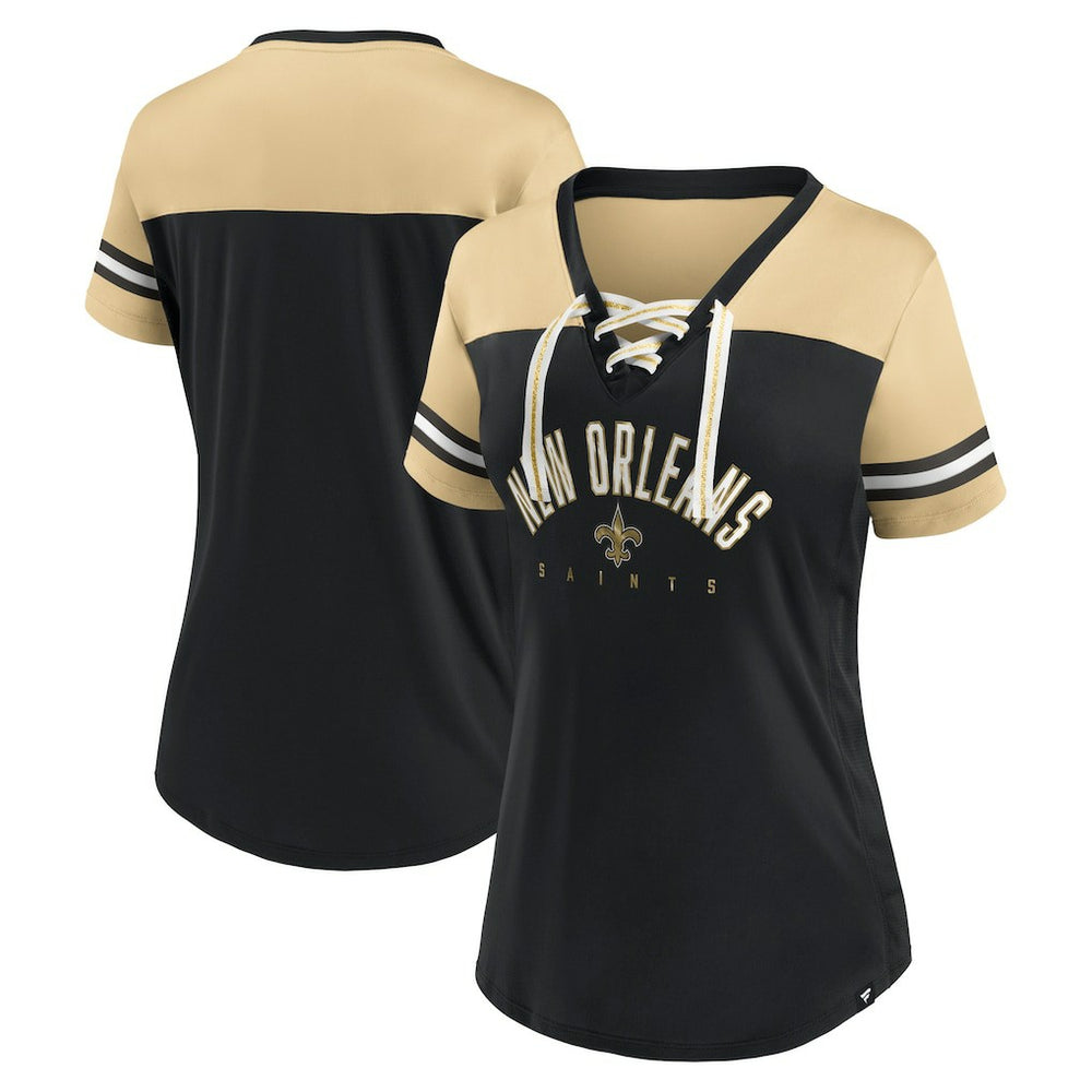 New Orleans Saints Women's Blitz & Glam Lace-Up V-Neck Jersey T-Shirt - Black/Vegas Gold T-shirts