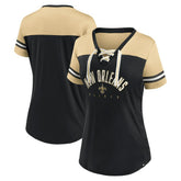 New Orleans Saints Women's Blitz & Glam Lace-Up V-Neck Jersey T-Shirt - Black/Vegas Gold T-shirts