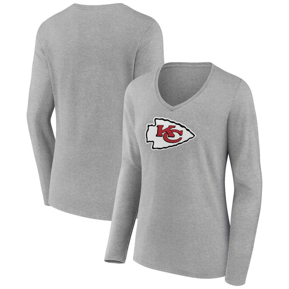 Kansas City Chiefs Women's Primary Team Logo Long Sleeve V-Neck T-Shirt - Heather Gray T-shirts