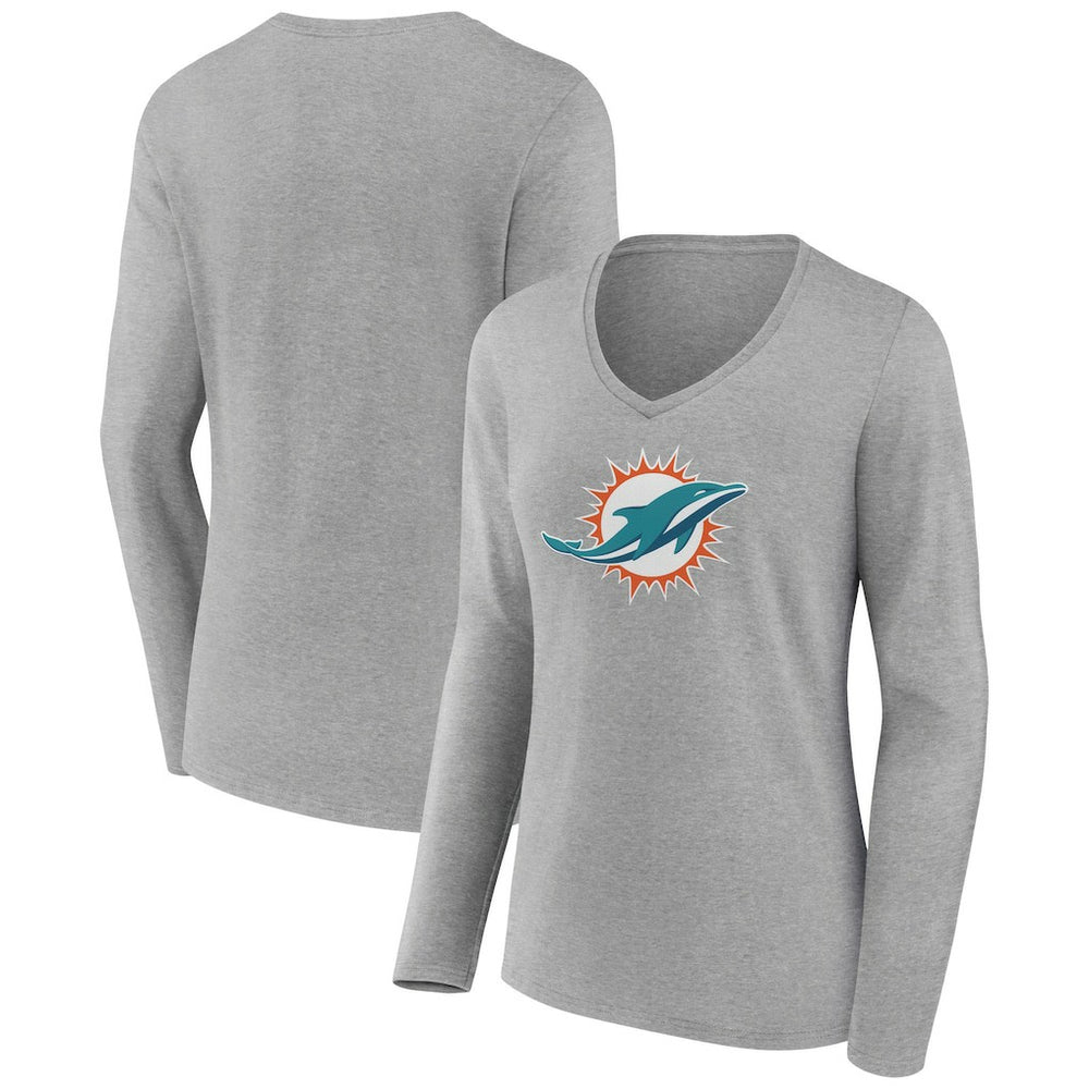 Miami Dolphins Women's Primary Team Logo Long Sleeve V-Neck T-Shirt - Heather Gray T-shirts