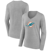 Miami Dolphins Women's Primary Team Logo Long Sleeve V-Neck T-Shirt - Heather Gray T-shirts