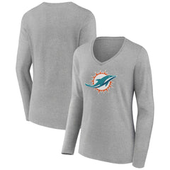 Miami Dolphins Women's Primary Team Logo Long Sleeve V-Neck T-Shirt - Heather Gray T-shirts