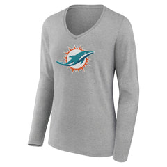 Miami Dolphins Women's Primary Team Logo Long Sleeve V-Neck T-Shirt - Heather Gray T-shirts