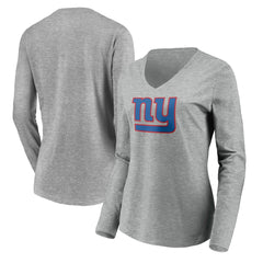 New York Giants Women's Primary Team Logo Long Sleeve V-Neck T-Shirt - Heather Gray T-shirts