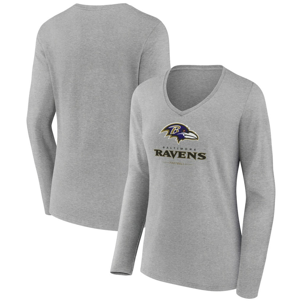 Baltimore Ravens Women's Logo Team Lockup Long Sleeve V-Neck T-Shirt - Heather Gray T-shirts