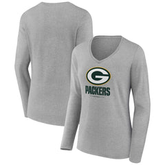 Green Bay Packers Women's Logo Team Lockup Long Sleeve V-Neck T-Shirt - Heather Gray T-shirts