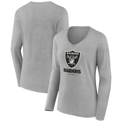 Las Vegas Raiders Women's Logo Team Lockup Long Sleeve V-Neck T-Shirt - Heather Gray T-shirts