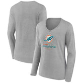 Miami Dolphins Women's Logo Team Lockup Long Sleeve V-Neck T-Shirt - Heather Gray T-shirts