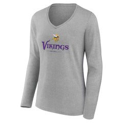 Minnesota Vikings Women's Logo Team Lockup Long Sleeve V-Neck T-Shirt - Heather Gray T-shirts