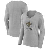 New Orleans Saints Women's Logo Team Lockup Long Sleeve V-Neck T-Shirt - Heather Gray T-shirts