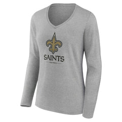 New Orleans Saints Women's Logo Team Lockup Long Sleeve V-Neck T-Shirt - Heather Gray T-shirts
