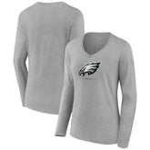 Philadelphia Eagles Women's Logo Team Lockup Long Sleeve V-Neck T-Shirt - Heather Gray T-shirts