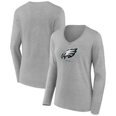 Philadelphia Eagles Women's Logo Team Lockup Long Sleeve V-Neck T-Shirt - Heather Gray T-shirts