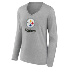 Pittsburgh Steelers Women's Logo Team Lockup Long Sleeve V-Neck T-Shirt - Heather Gray T-shirts