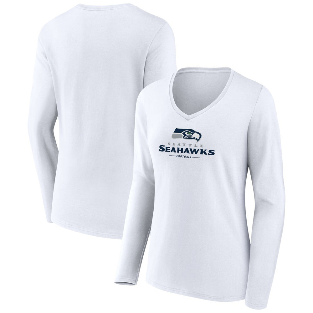 Seattle Seahawks Women's Logo Team Lockup Long Sleeve V-Neck T-Shirt - White T-shirts