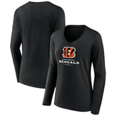Cincinnati Bengals Women's Logo Team Lockup Long Sleeve V-Neck T-Shirt - Black T-shirts