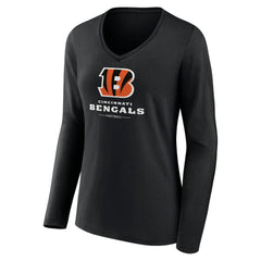 Cincinnati Bengals Women's Logo Team Lockup Long Sleeve V-Neck T-Shirt - Black T-shirts