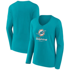 Miami Dolphins Women's Logo Team Lockup Long Sleeve V-Neck T-Shirt - Aqua T-shirts