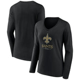 New Orleans Saints Women's Logo Team Lockup Long Sleeve V-Neck T-Shirt - Black T-shirts