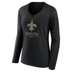 New Orleans Saints Women's Logo Team Lockup Long Sleeve V-Neck T-Shirt - Black T-shirts