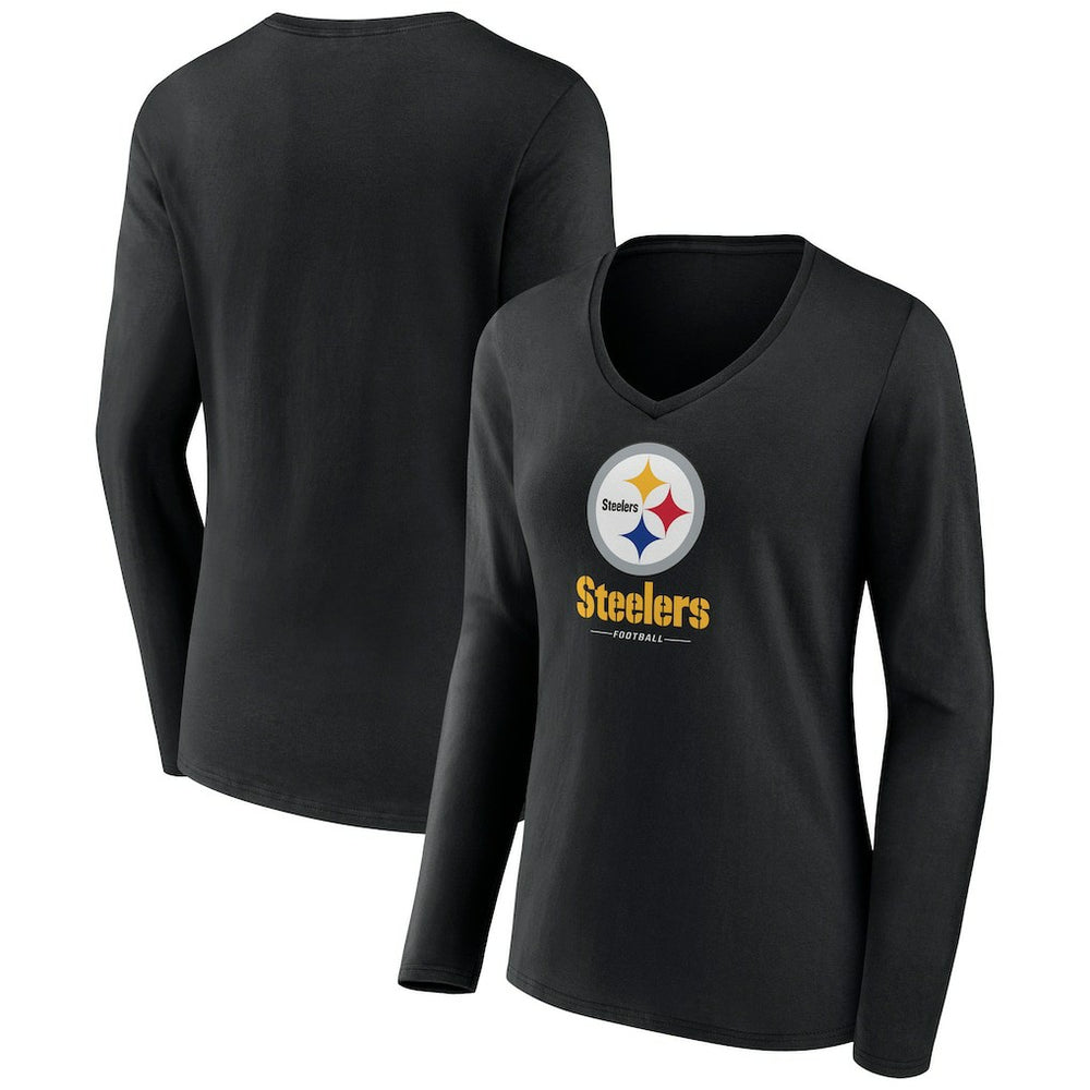 Pittsburgh Steelers Women's Logo Team Lockup Long Sleeve V-Neck T-Shirt - Black T-shirts