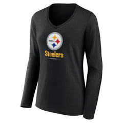 Pittsburgh Steelers Women's Logo Team Lockup Long Sleeve V-Neck T-Shirt - Black T-shirts