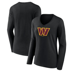 Washington Commanders Women's Logo Team Lockup Long Sleeve V-Neck T-Shirt - Black T-shirts